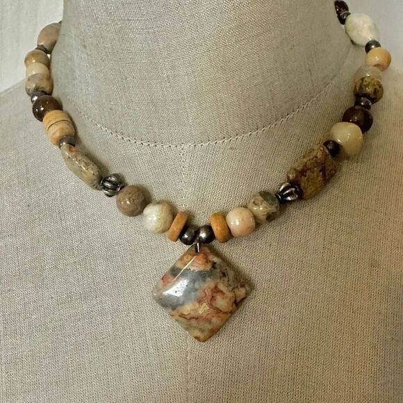 Crazy Lace Agate Pendant Necklace Jewelry - Crazy Lace Agate Pendant Necklace – Sterling Clasp, Natural Stone Beads
